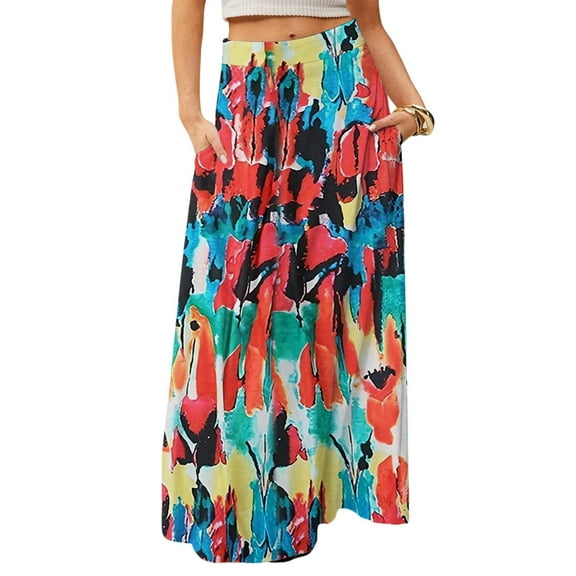 WTOBBY Women's Floral Print Flowy Maxi Skirt Bohemian Style Casual Summer Beach Long Skirt Elastic Waist Lightweight Tiered Pleated Skirt with Drawstring Waist,Red 2XL