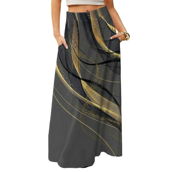 WTOBBY Women's Floral Print Flowy Maxi Skirt Bohemian Style Casual Summer Beach Long Skirt Elastic Waist Lightweight Tiered Pleated Skirt with Drawstring,Black S