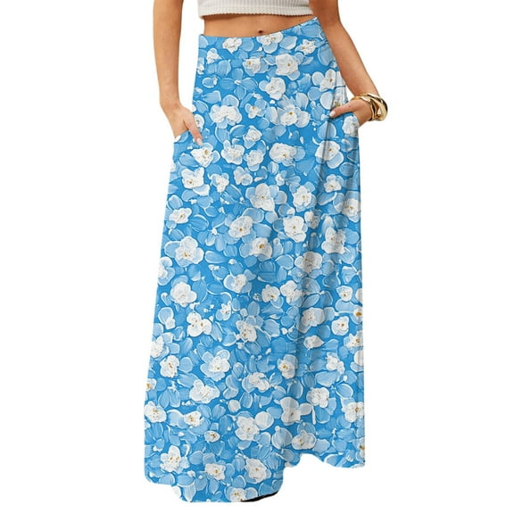 WTOBBY Women's Floral Print Flowy Maxi Skirt Bohemian Style Casual Summer Beach Long Skirt Elastic Waist Lightweight Tiered Pleated Skirt with Drawstring,Royal Blue S