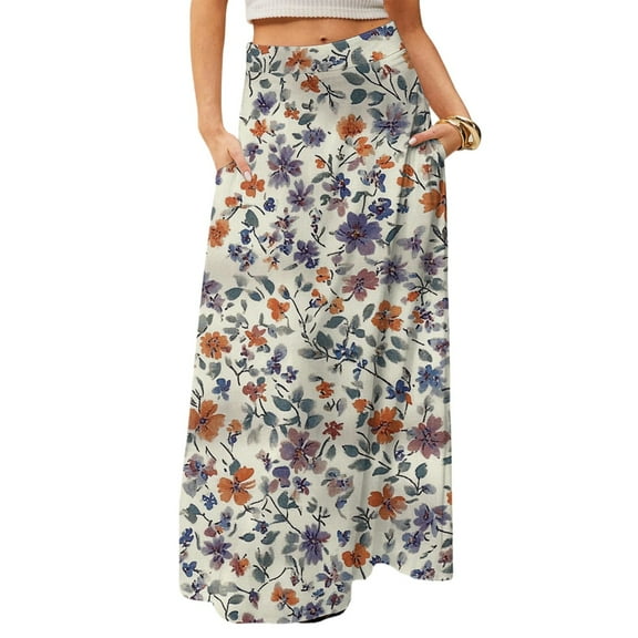 WTOBBY Women's Floral Print Flowy Maxi Skirt Bohemian Style Casual Summer Beach Long Skirt Elastic Waist Lightweight Tiered Pleated Skirt with Drawstring Waist,Light Brown S