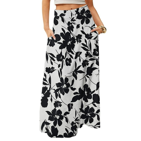 WTOBBY Women's Floral Print Flowy Maxi Skirt Bohemian Style Casual Summer Beach Long Skirt Elastic Waist Lightweight Tiered Pleated Skirt with Drawstring Waist,Gray 2XL