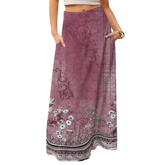 WTOBBY Women's Floral Print Flowy Maxi Skirt Bohemian Style Casual Summer Beach Long Skirt Elastic Waist Lightweight Tiered Pleated Skirt with Side Pockets,Purple L