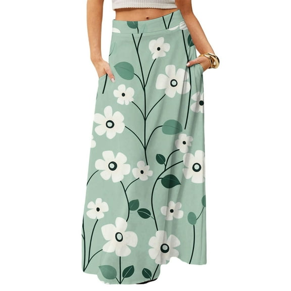 WTOBBY Women's Floral Print Foldable High Waist Casual Skirt with Convenient Pocket, Draped Relaxed Long Maxi Skirt for Everyday Comfort and Errand Running,Mint Green M