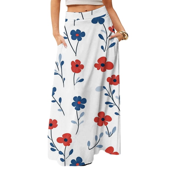 WTOBBY Women's Floral Print Foldable High Waist Casual Skirt with Convenient Pocket, Draped Relaxed Long Maxi Skirt for Everyday Comfort and Errand Running,White S