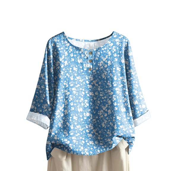 WTOBBY Women's Floral Print Gradient Color Top with 3/4 Sleeve, Casual Cotton Linen Blouse for Fall Season, Comfortable Round Neck Apparel,Light Blue L