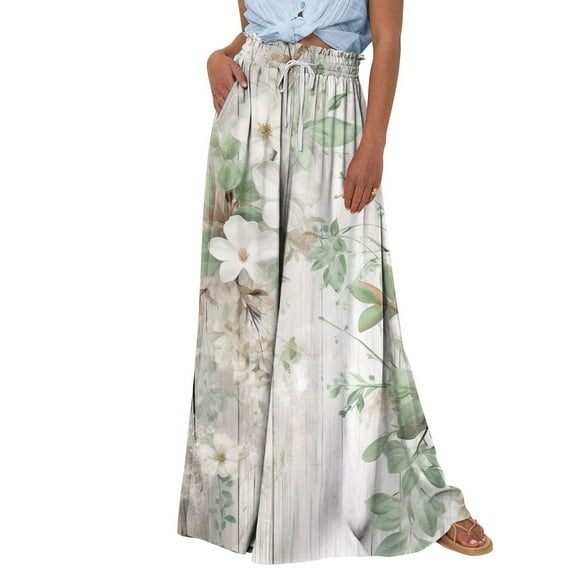WTOBBY Women's Floral Print High Waist Wide Leg Palazzo Pants Casual Flowy with Pocket,Beach Trousers Great for Summer Festivals, Outdoor Concerts and Warm Weather Celebrations,Light Green M