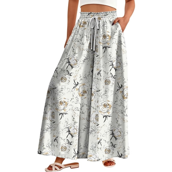 WTOBBY Women's Floral Print High Waist Wide Leg Palazzo Pants Casual Flowy with Pocket, Designed for Casual Outings, Weekend Getaways and Comfortable All-Day Wear,Light Gray S