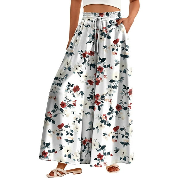 WTOBBY Women's Floral Print High Waist Wide Leg Palazzo Pants Casual Flowy with Pocket, Designed for Casual Outings, Weekend Getaways and Comfortable All-Day Wear,Red XL