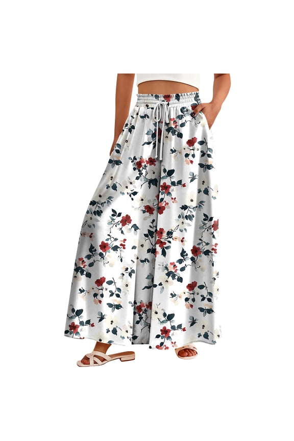 Women's Floral Print High Waist Wide Leg Palazzo Pants Casual Flowy with Pocket, Designed for Casual Outings, Weekend Getaways and Comfortable All-Day Wear,Red 2XL