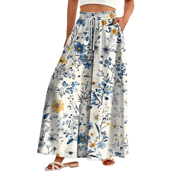 WTOBBY Women's Floral Print High Waist Wide Leg Palazzo Pants Casual Flowy with Pocket, Designed for Casual Outings, Weekend Getaways and Comfortable All-Day Wear,Sky Blue L