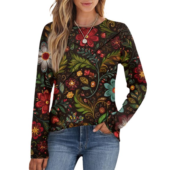 WTOBBY Women's Floral Print Long Sleeve Top, Pleated Retro Loose Fit Blouse, Round Neck Casual Tunic for Fall, Relaxed Bohemian Style Daily Wear,Gray XL