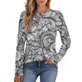 thumbnail image 1 of WTOBBY Women's Floral Print Long Sleeve Top, Pleated Retro Loose Fit Blouse, Round Neck Casual Tunic for Fall, Relaxed Bohemian Style Daily Wear,Khaki S, 1 of 6