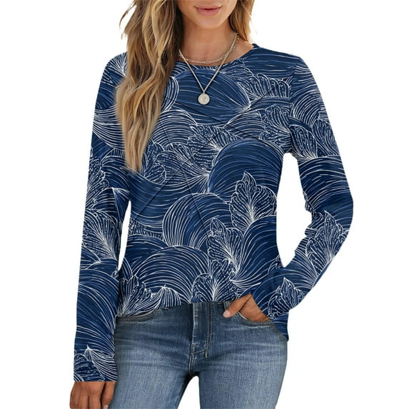 WTOBBY Women's Floral Print Long Sleeve Top, Pleated Retro Loose Fit Blouse, Round Neck Casual Tunic for Fall, Relaxed Bohemian Style Daily Wear,Multicolor S