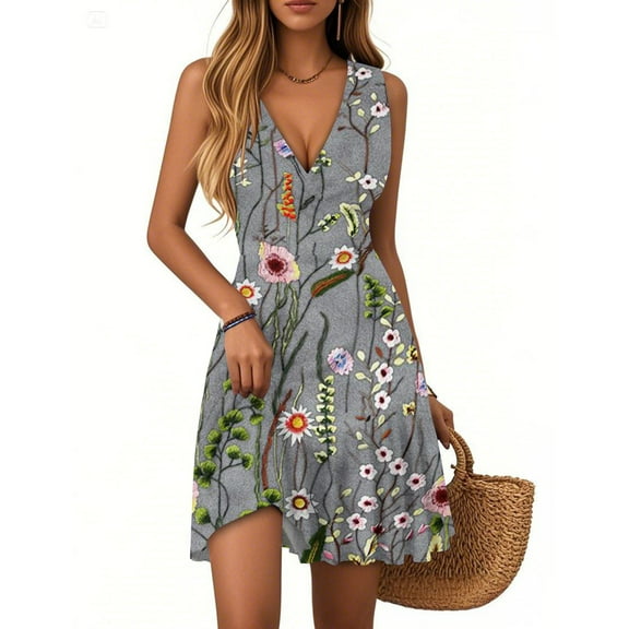 WTOBBY Women's Floral Print Pleated Hem Dress V-Neck Sleeveless Casual Summer Dress with Wrap Waist Design for Evening Outings and Dinner Dates,GrayM