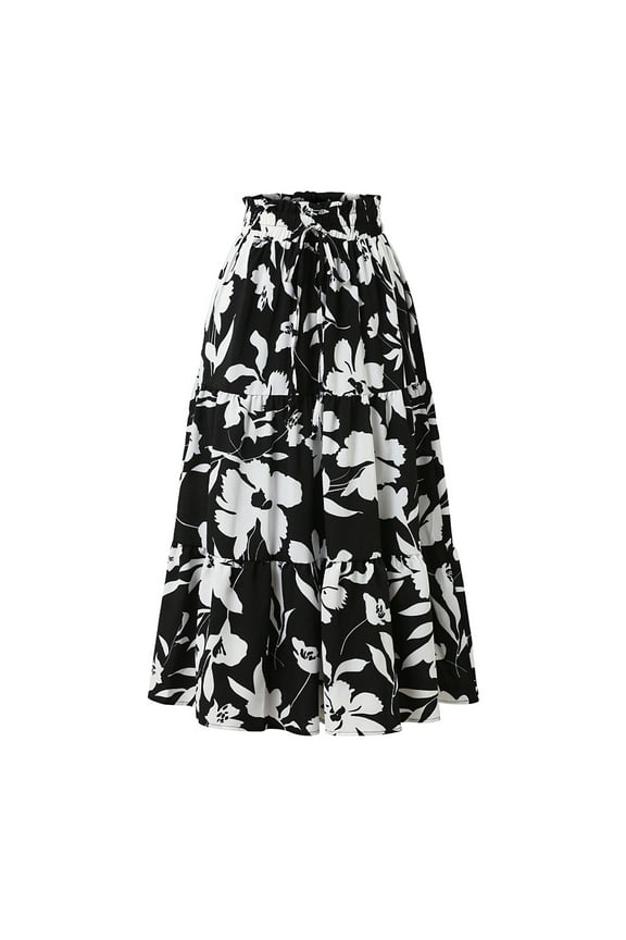 Women's Floral Print Pleated Maxi Skirt Elastic Waist Drawstring Waist Casual Summer Long Skirt Lightweight Lace Trim Boho Beach Skirt with Flowy Silhouette,Black M