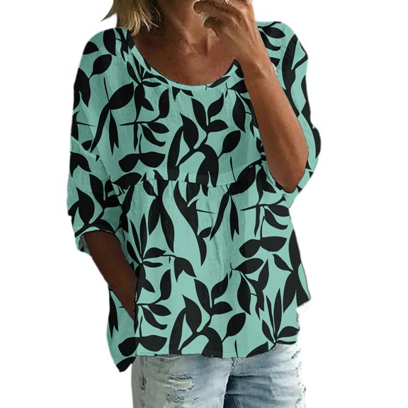 WTOBBY Women's Floral Print Round Neck Loose Top with 3/4 Sleeve, Casual Boho Fashion Blouse for Fall Season, Comfortable Apparel and Daily Wear,Dark Green 2XL