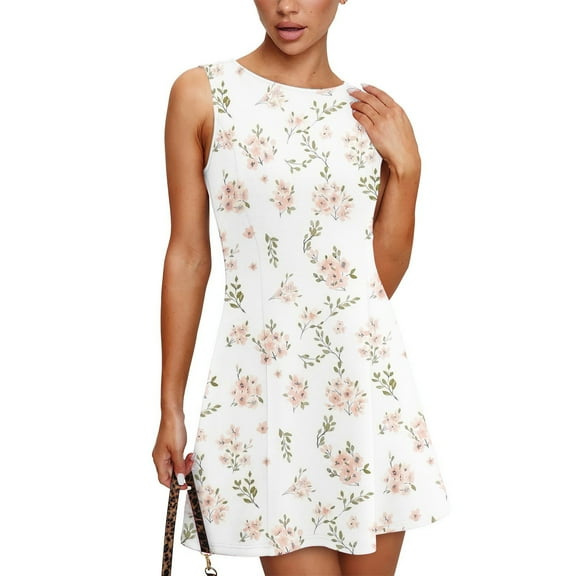 WTOBBY Women's Floral Print Round Neck Sleeveless Summer Casual Vest Sundress with Tiered Skirt and Lightweight Fabric for Picnics and Outings ,BeigeL