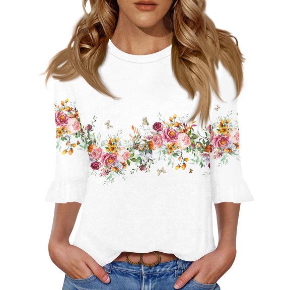 WTOBBY Women's Floral Print Round Neck Top 3/4 Flutter Sleeve T-Shirt Casual Summer Tunic with Lightweight Breathable Fabric,White L