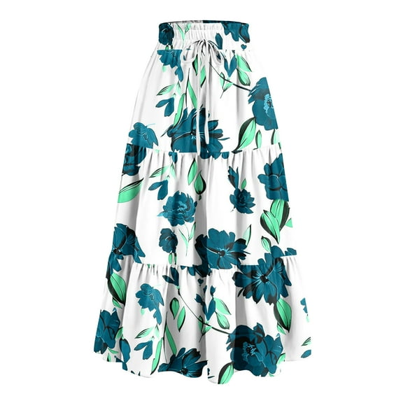 WTOBBY Women's Floral Print Ruffled Casual Long Skirt with Bow Detail, Retro Pleated Big Swing Skirt for Spring, Loose Fit Half Skirt Bohemian Style for Daily Fashion,Army Green S