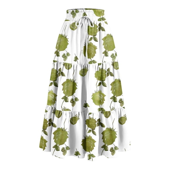 WTOBBY Women's Floral Print Ruffled Casual Long Skirt with Bow Detail, Retro Pleated Big Swing Skirt for Spring, Loose Fit Half Skirt Bohemian Style for Daily Fashion,Green M