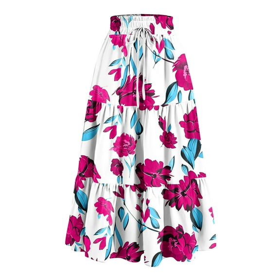 WTOBBY Women's Floral Print Ruffled Casual Long Skirt with Bow Detail, Retro Pleated Big Swing Skirt for Spring, Loose Fit Half Skirt Bohemian Style for Daily Fashion,Hot Pink M