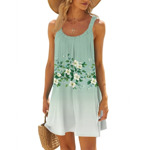 WTOBBY Women's Floral Print Sleeveless Scoop Neck Sun Dress with Back Tie Detail for Beach & Vacation,Green XL