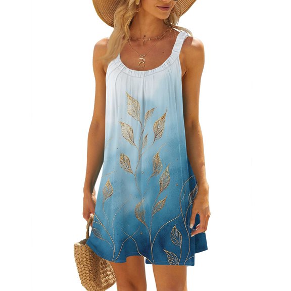 WTOBBY Women's Floral Print Sleeveless Scoop Neck Sun Dress with Back Tie Detail for Beach & Vacation,Light Blue XL