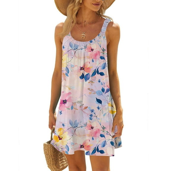 WTOBBY Women's Floral Print Sleeveless Scoop Neck Sun Dress with Back Tie Detail for Beach & Vacation,Light pink XL