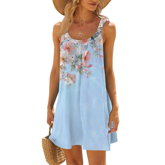 WTOBBY Women's Floral Print Sleeveless Scoop Neck Sun Dress with Back Tie Detail for Beach & Vacation,Sky Blue M