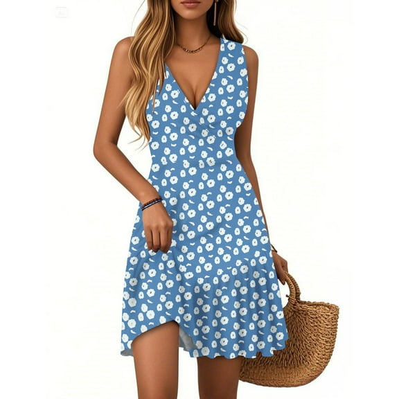 WTOBBY Women's Floral Print Sleeveless V-Neck Casual Summer Dress with Pleated Hem and Breathable Polyester Fabric for Beach Vacations and Resort Wear,BlueM