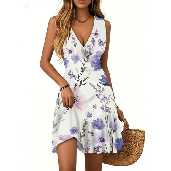 WTOBBY Women's Floral Print Sleeveless V-Neck Casual Summer Dress with Pleated Hem and Breathable Polyester Fabric for Beach Vacations and Resort Wear,PurpleM