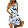 thumbnail image 1 of WTOBBY Women's Floral Print Sleeveless V-Neck Casual Summer Dress with Pleated Hem and Breathable Polyester Fabric for Beach Vacations and Resort Wear,Royal BlueXL, 1 of 5