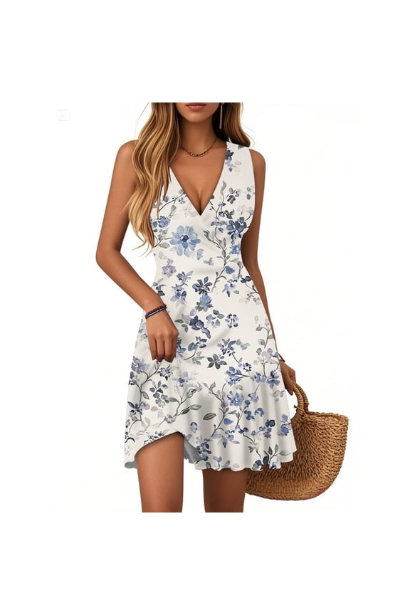 Women's Floral Print Sleeveless V-Neck Casual Summer Dress with Pleated Hem and Breathable Polyester Fabric for Beach Vacations and Resort Wear,WhiteL