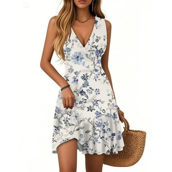 WTOBBY Women's Floral Print Sleeveless V-Neck Casual Summer Dress with Pleated Hem and Breathable Polyester Fabric for Beach Vacations and Resort Wear,WhiteM