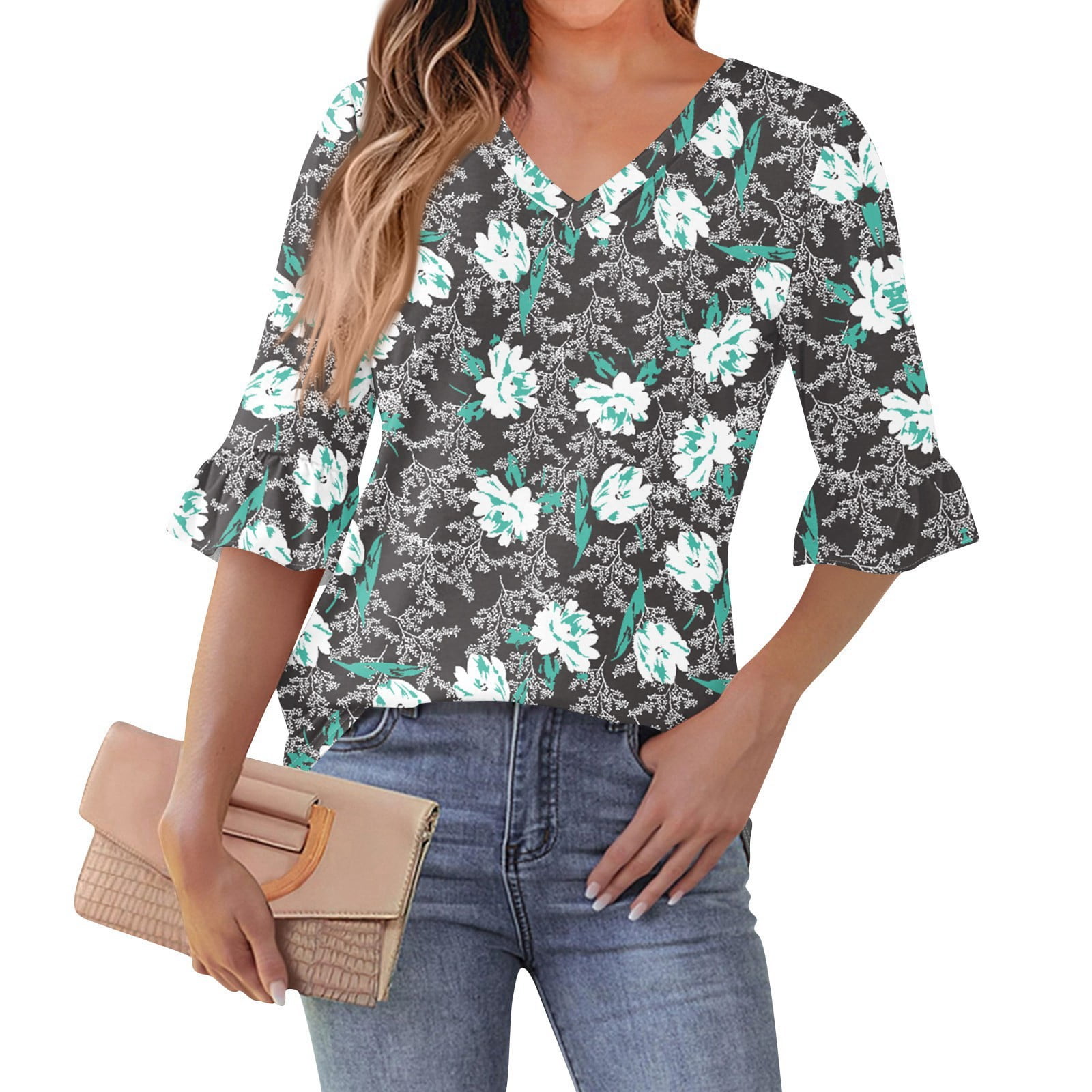 WTOBBY Women's Floral Print Summer T-Shirt V-Neck Puffy 3/4 Sleeve Top ...