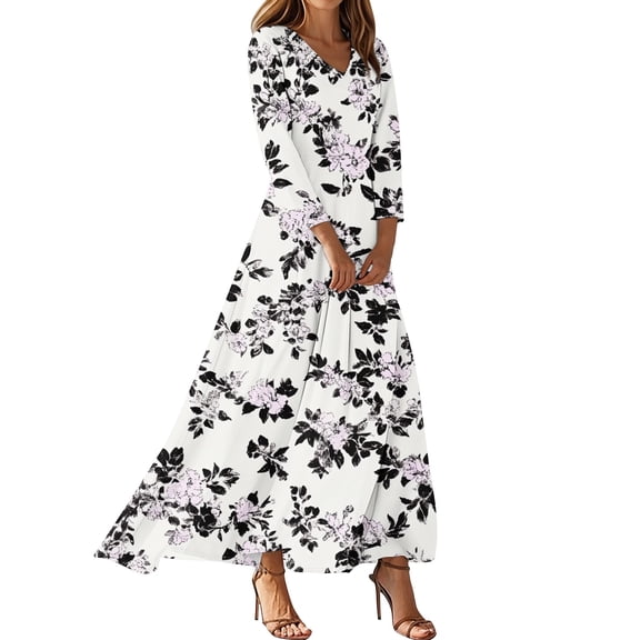 WTOBBY Women's Floral Print V-Neck 3/4 Sleeve A-Line Beach Dress, Casual Maxi Sundress with Flowy Skirt for Summer Vacation,Gray XL