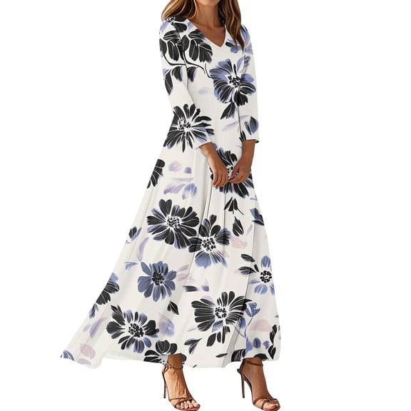WTOBBY Women's Floral Print V-Neck 3/4 Sleeve A-Line Beach Dress, Casual Maxi Sundress with Flowy Skirt for Summer Vacation,Light Gray 2XL