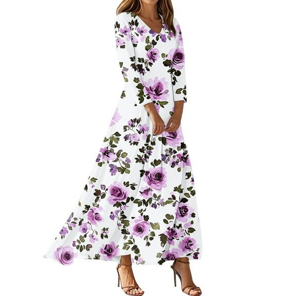 WTOBBY Women's Floral Print V-Neck 3/4 Sleeve A-Line Beach Dress, Casual Maxi Sundress with Flowy Skirt for Summer Vacation,Purple 2XL