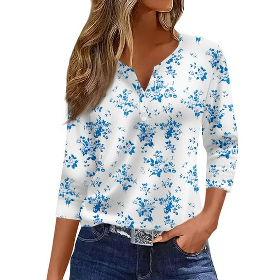 WTOBBY Women's Floral Print V-Neck 3/4 Sleeve Loose Fit Versatile Blouse Top for Casual Spring Fall Fashion and Everyday Comfortable Outfits,Light Blue 2XL