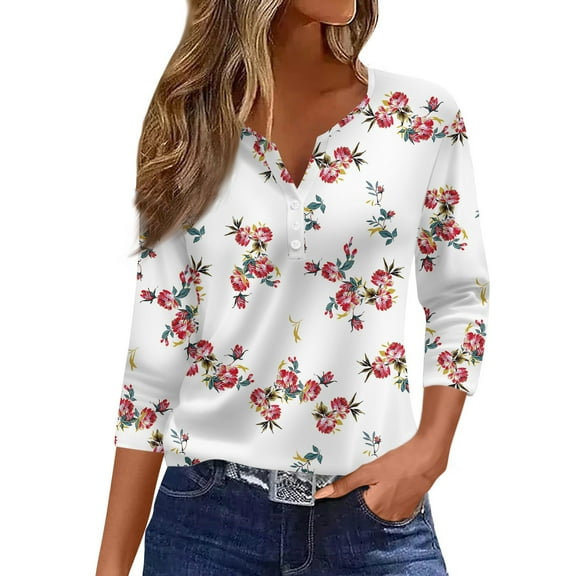 WTOBBY Women's Floral Print V-Neck 3/4 Sleeve Loose Fit Versatile Blouse Top for Casual Spring Fall Fashion and Everyday Comfortable Outfits,White 3XL