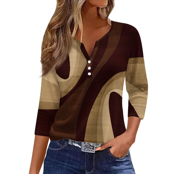 WTOBBY Women's Floral Print V-Neck 3/4 Sleeve Loose Fit Versatile Blouse Top for Casual Spring Fall Fashion and Everyday Comfortable Outfits,Brown M