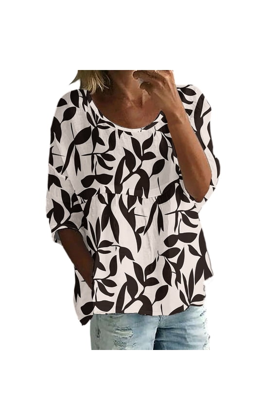 Women's Floral Print V-Neck Bohemian Top with 3/4 Sleeve, Casual Loose Fit Blouse for Fall Season, Comfortable Fashion Apparel and Daily Wear,White 2XL