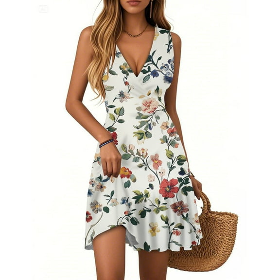 WTOBBY Women's Floral Print V-Neck Sleeveless Casual Dress with Pleated Hem and Back Smocked Design for Summer Garden Parties and Afternoon Events,GrayS