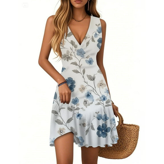 WTOBBY Women's Floral Print V-Neck Sleeveless Casual Dress with Pleated Hem and Back Smocked Design for Summer Garden Parties and Afternoon Events,Light BlueS