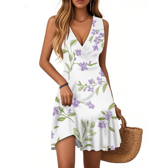 WTOBBY Women's Floral Print V-Neck Sleeveless Casual Dress with Pleated Hem and Back Smocked Design for Summer Garden Parties and Afternoon Events,PurpleXL