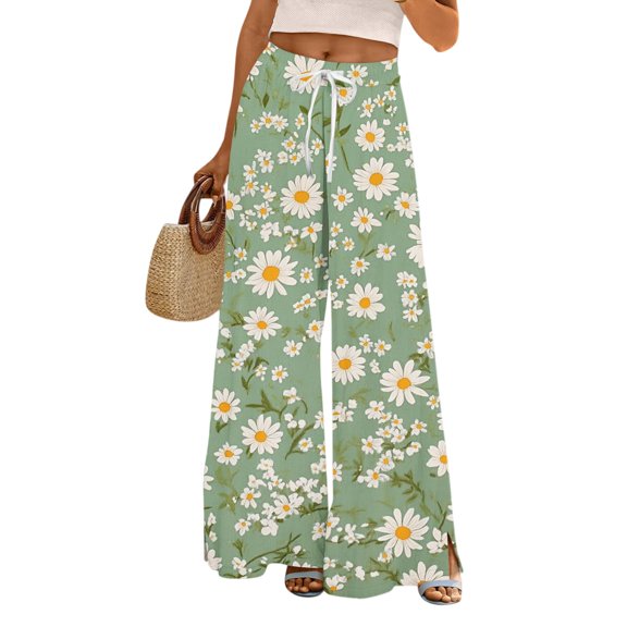 WTOBBY Women's Floral Print Wide Leg Casual Pants Featuring Adjustable Tie Stretch Belt Functional Pockets and Breathable Fabric for Summer Wear ,Green L