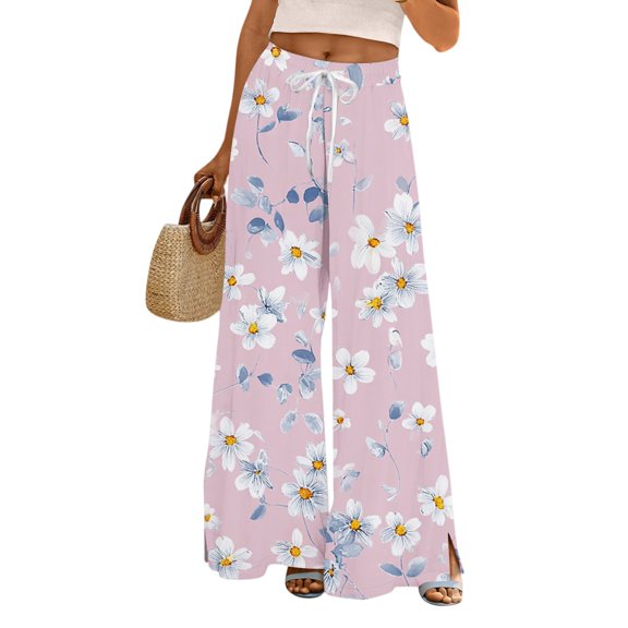 WTOBBY Women's Floral Print Wide Leg Casual Pants Featuring Adjustable Tie Stretch Belt Functional Pockets and Breathable Fabric for Summer Wear ,Pink M