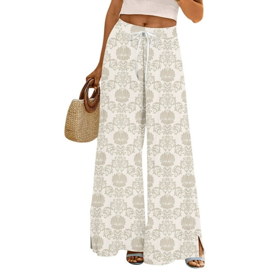 WTOBBY Women's Floral Print Wide Leg Pants with Deep Pockets, High Waist Drawstring Comfort Trousers for Casual and Outdoor Wear,Beige L