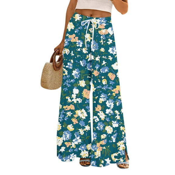 WTOBBY Women's Floral Print Wide Leg Pants with Deep Pockets, High Waist Drawstring Comfort Trousers for Casual and Outdoor Wear,Camouflage L