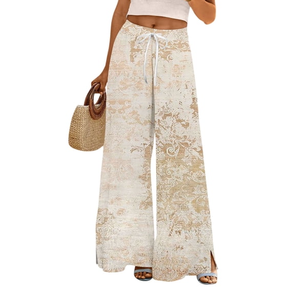 WTOBBY Women's Floral Print Wide Leg Pants with Deep Pockets, High Waist Drawstring Comfort Trousers for Casual and Outdoor Wear,Dark Blue L